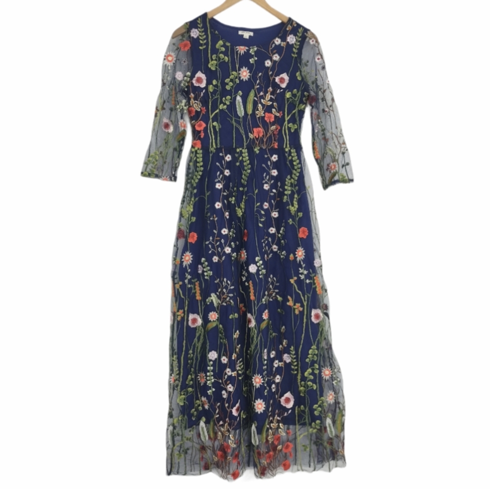 Ultra Pink Navy Embroidered Maxi Flowy Dress